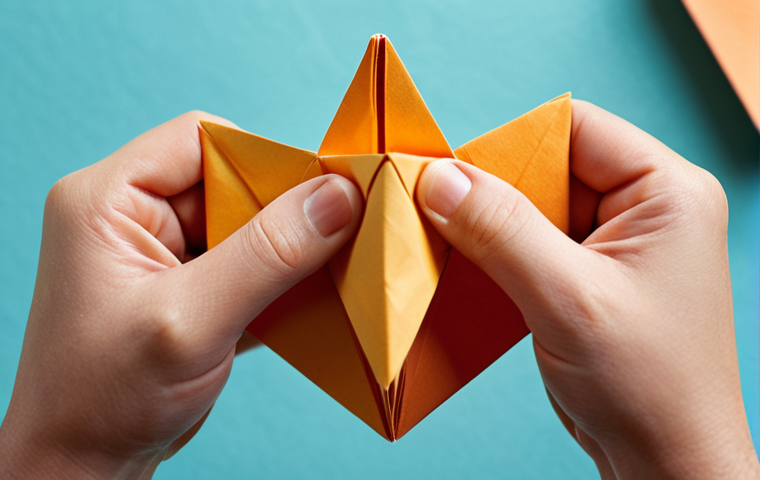 **
A close-up shot of hands carefully folding a colorful piece of origami paper into the shape of a crane. The background is softly blurred, suggesting a peaceful and creative environment. Focus on the intricate details of the folding process and the vibrant colors of the paper.
**